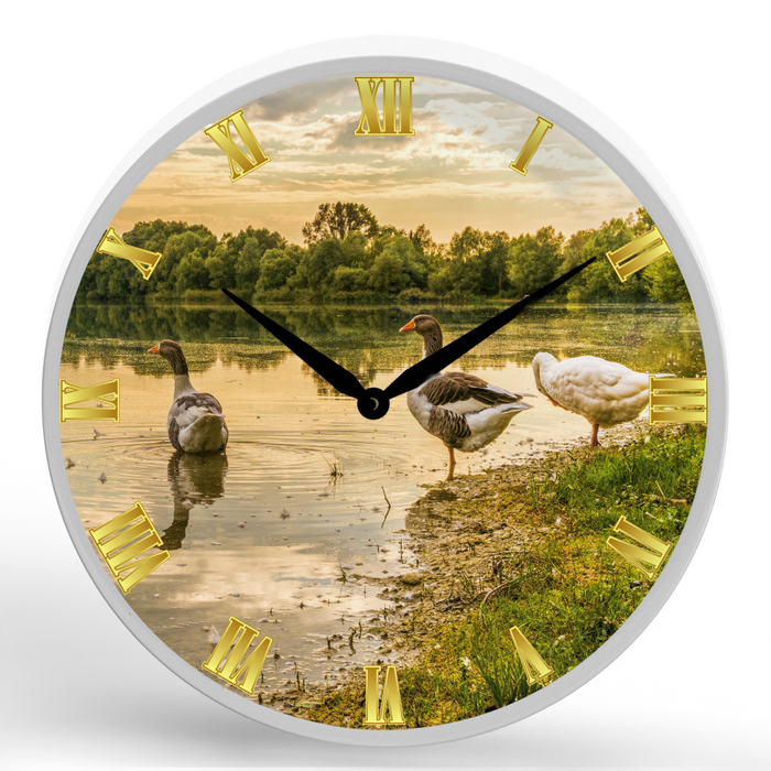 Geese Illustration Round Framed Wall Clock 11.75"