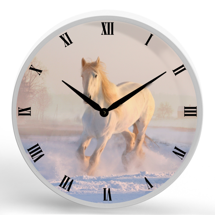 White Horse <br>Round Framed Wall Clock 11.75"